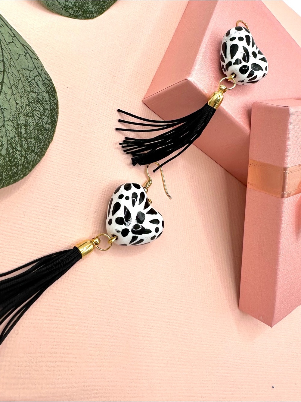 Dalmatian Heart Tassel Drop Earrings - Black & White
